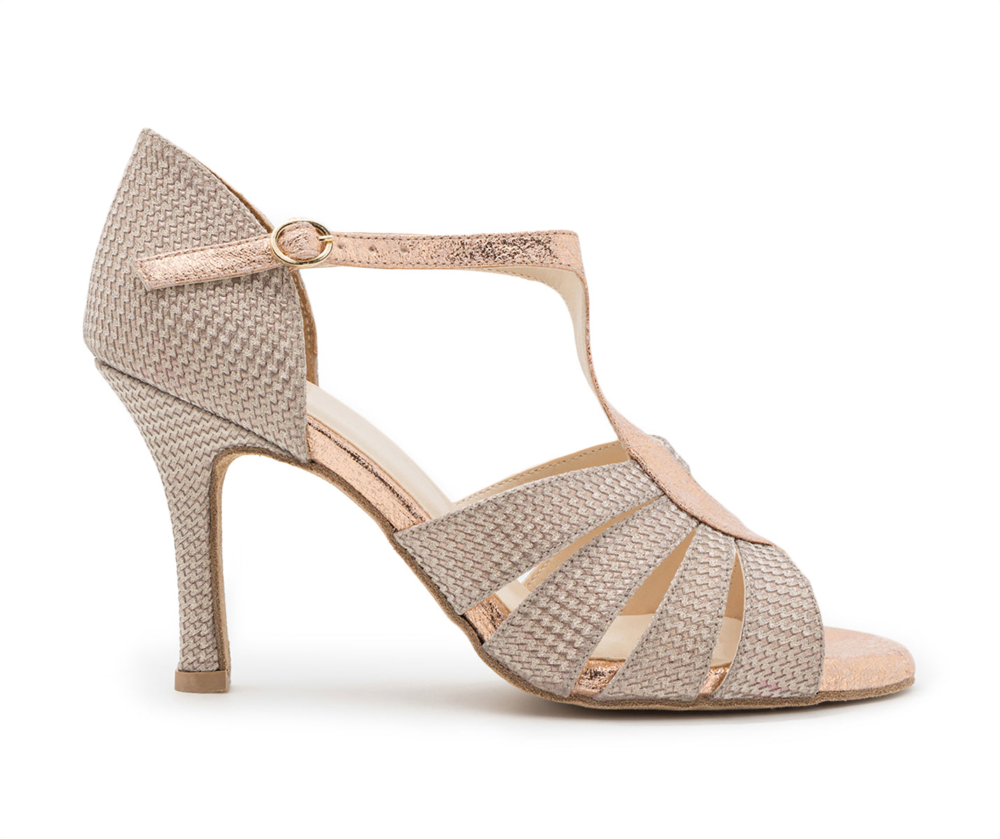 Die ESP09 Tanzschuhe in Roségold von Dancing Queens, mit T-Riemen und Schnalle, eignen sich ideal als Hochzeitsschuhe.